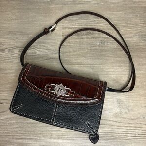 Brighton Croc Embossed Leather Adjustable Shoulder Bag Or Crossbody Brown/Black